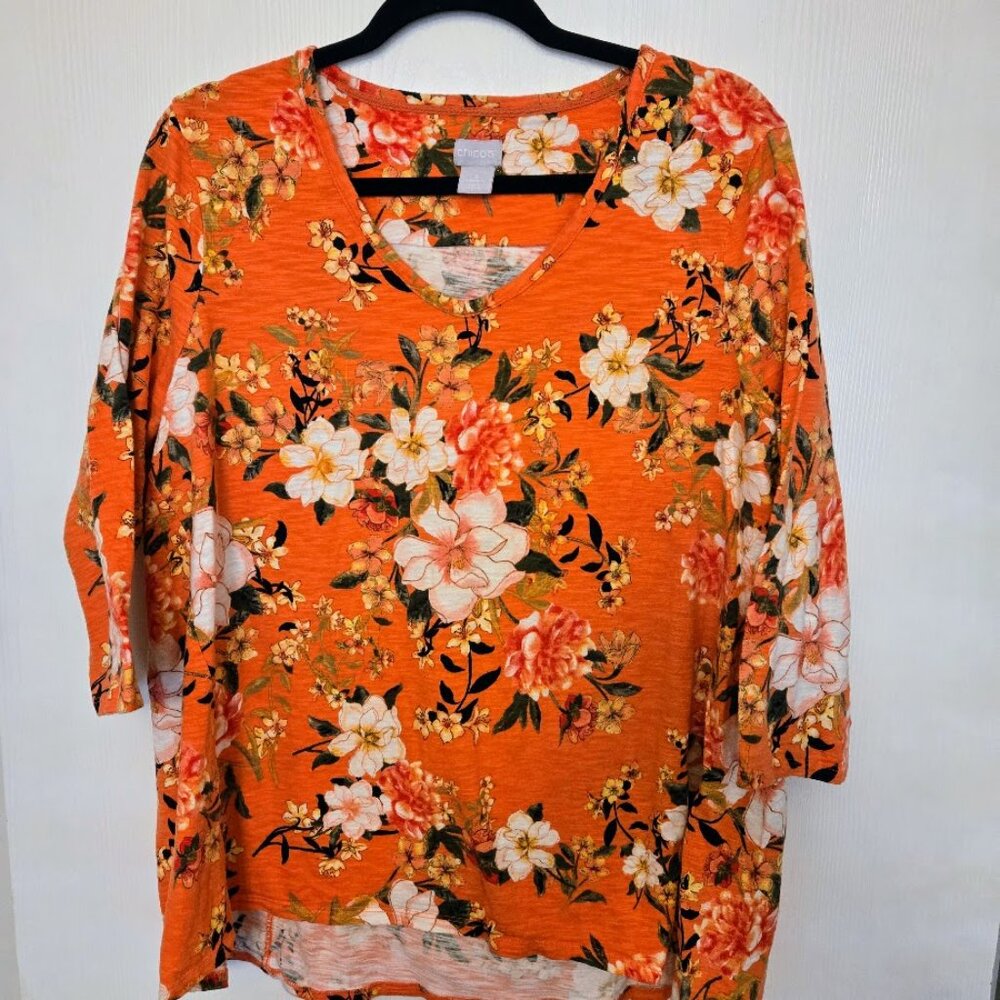Chico's Orange Floral V-Neck Top